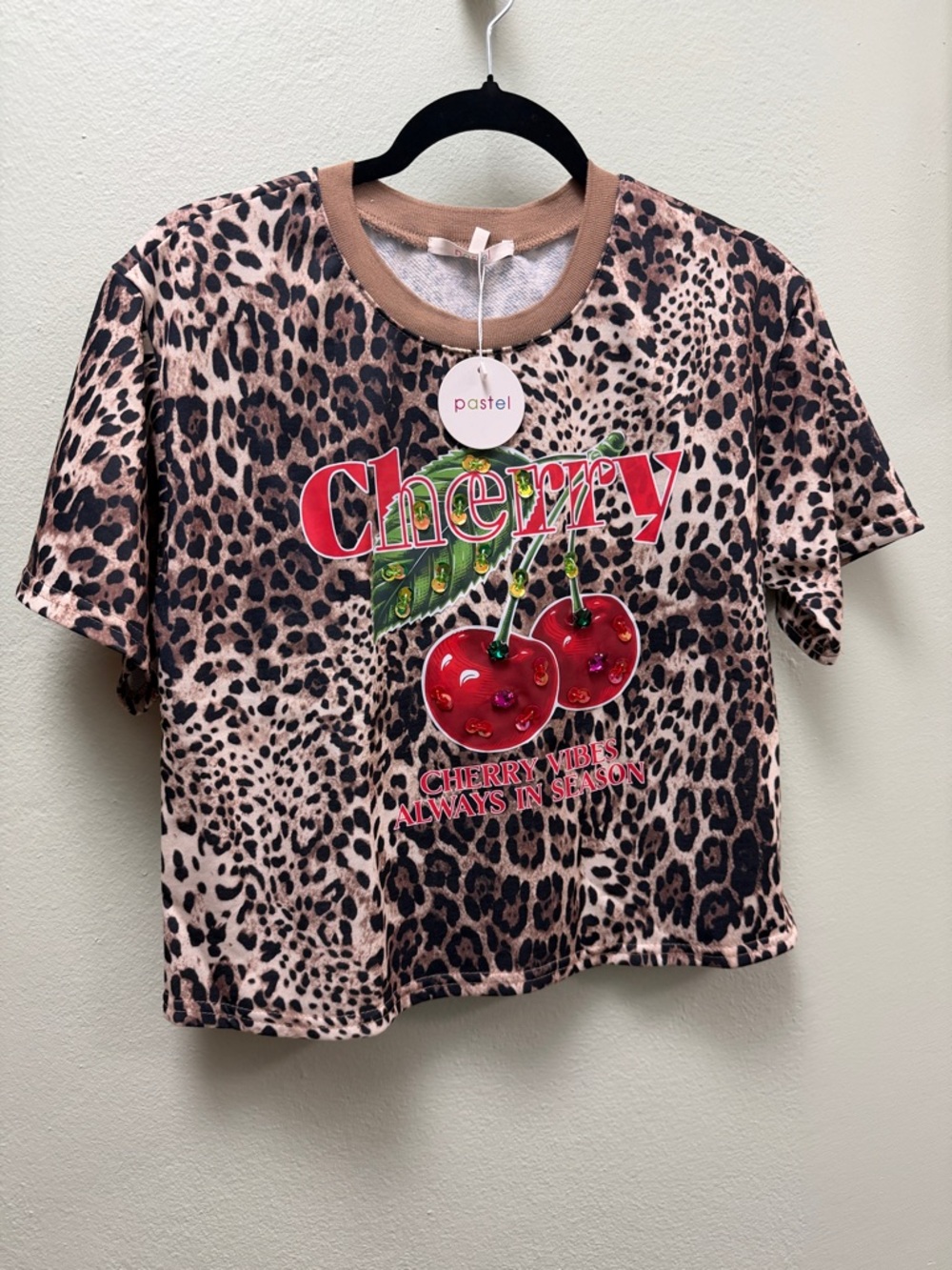 Pastels Brown Leopard Cherry Graphic Crop Tee